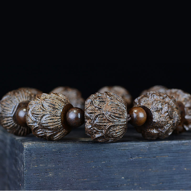 BWOOOH Ebony Wood Eighteen Arhats Lotus Dragon Engraved Balance Bracelet | spiritual healing bracelet