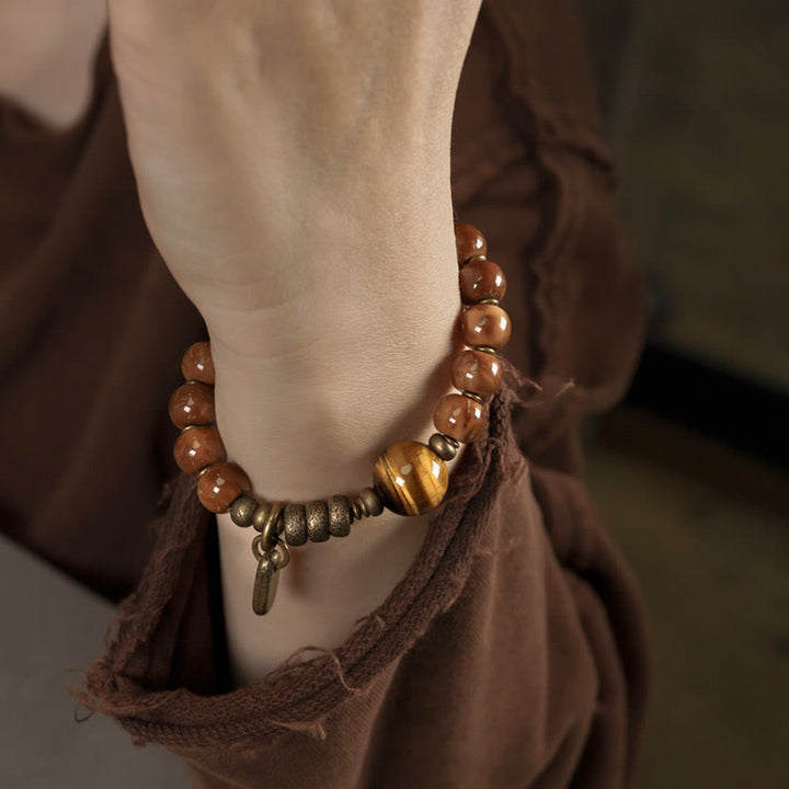 BWOOOH Kuka Seed Tiger Eye Gold Sheen Obsidian Brass Copper Wealth Luck Bracelet