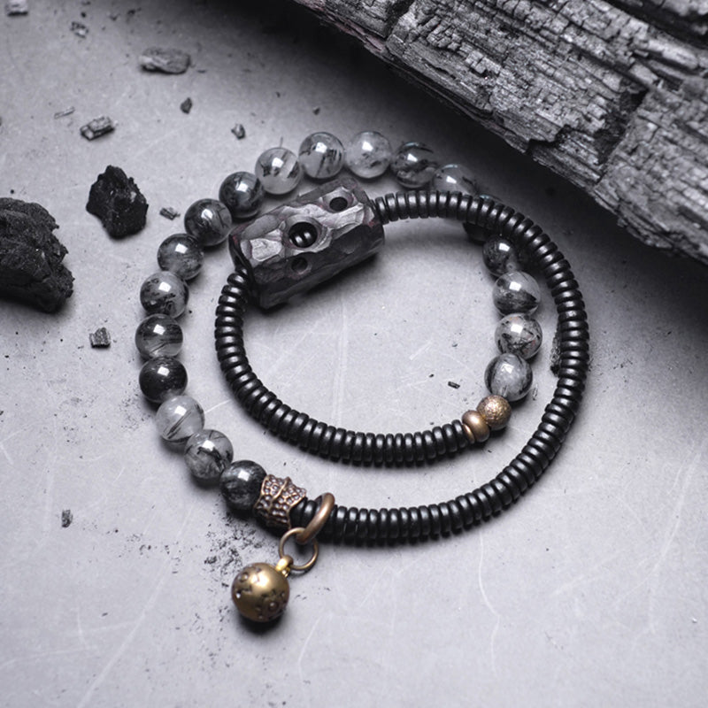 BWOOOH Black Rutilated Quartz Ebony Wood Copper Wisdom Couple Bracelet