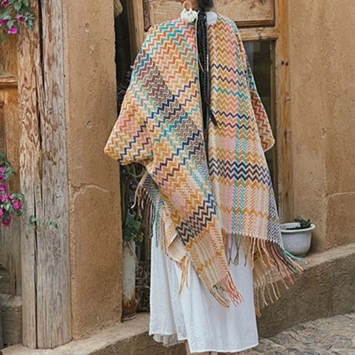 BWOOOH Tibetan Shawl Colorful Wavy Striped Shapes Tassels