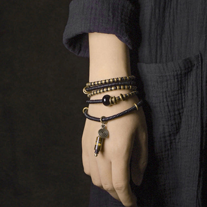 BWOOOH Ebony Wood Dzi Bead Copper Peace Couple Bracelet Necklace Pendant