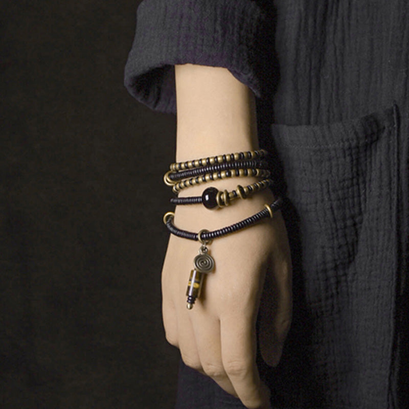 BWOOOH Ebony Wood Dzi Bead Copper Peace Couple Bracelet Necklace Pendant