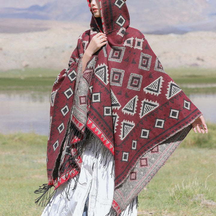BWOOOH Tibetan Shawl Triangle Pattern Hooded Cloak Winter