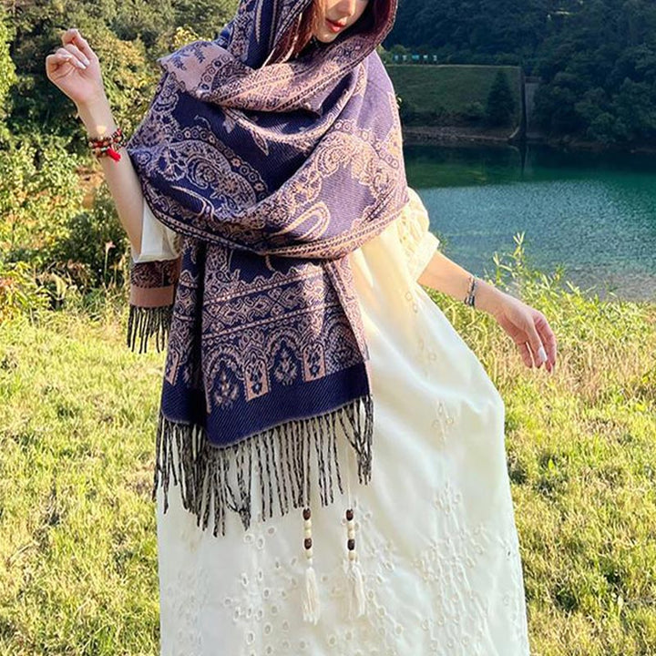 BWOOOH Vintage Tibetan Leaves Pattern Design Shawl Cozy T