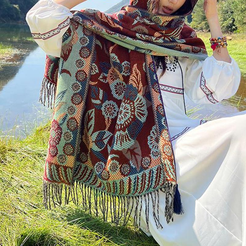 BWOOOH Tibetan Flower Floral Leaves Pattern Design Shawl 
