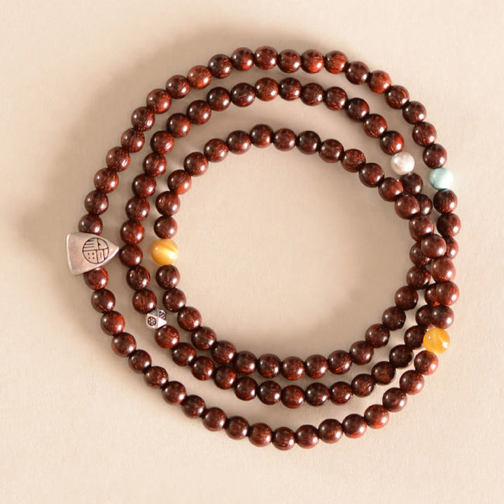 BWOOOH 925 Sterling Silver Indian Small Leaf Red Sandalwood Fu Character Protection Triple Wrap Bracelet