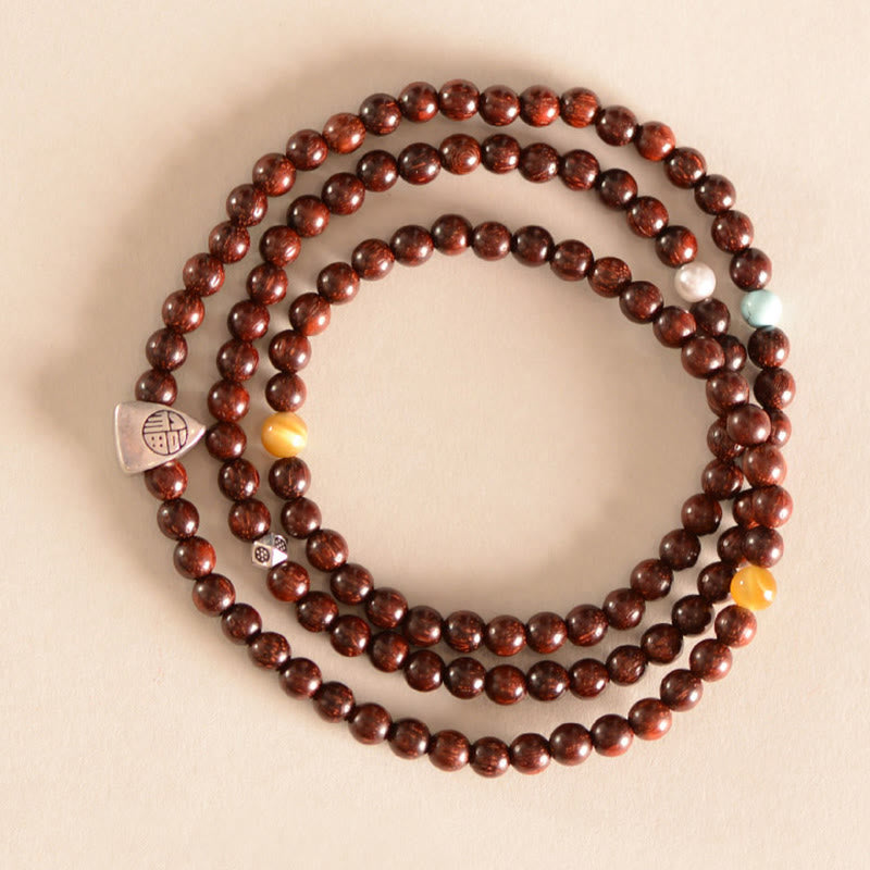 BWOOOH 925 Sterling Silver Indian Small Leaf Red Sandalwood Fu Character Protection Triple Wrap Bracelet