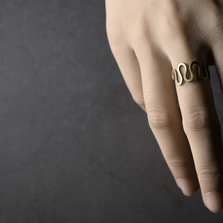 BWOOOH Simple Curved Brass Design Copper Luck Wealth Adjustable Ring