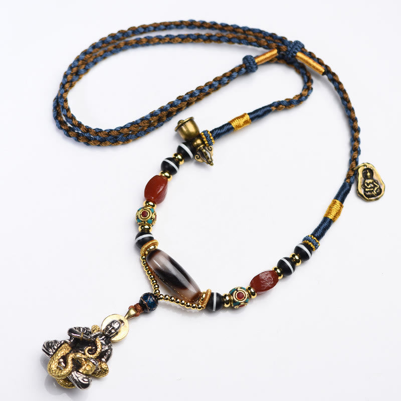 Buddha Stones Handmade Buddha Snake Skull Head Dzi Bead Serenity Rope Necklace Pendant (Extra 35% Off | USE CODE: FS35)
