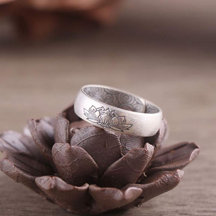BWOOOH 999 Sterling Silver Lotus Elephant Six True Words Blessing Ring