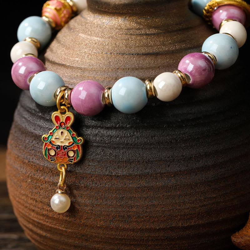 BWOOOH Tibetan Zakiram Goddess of Wealth Rabbit Lion Head Charm Liuli Glass Incense Ash Porcelain Bead Protection Bracelet