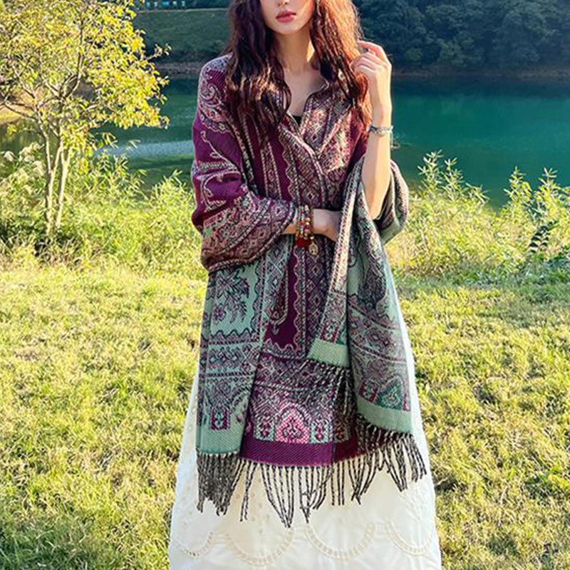 BWOOOH Vintage Tibetan Leaves Pattern Design Shawl Cozy T
