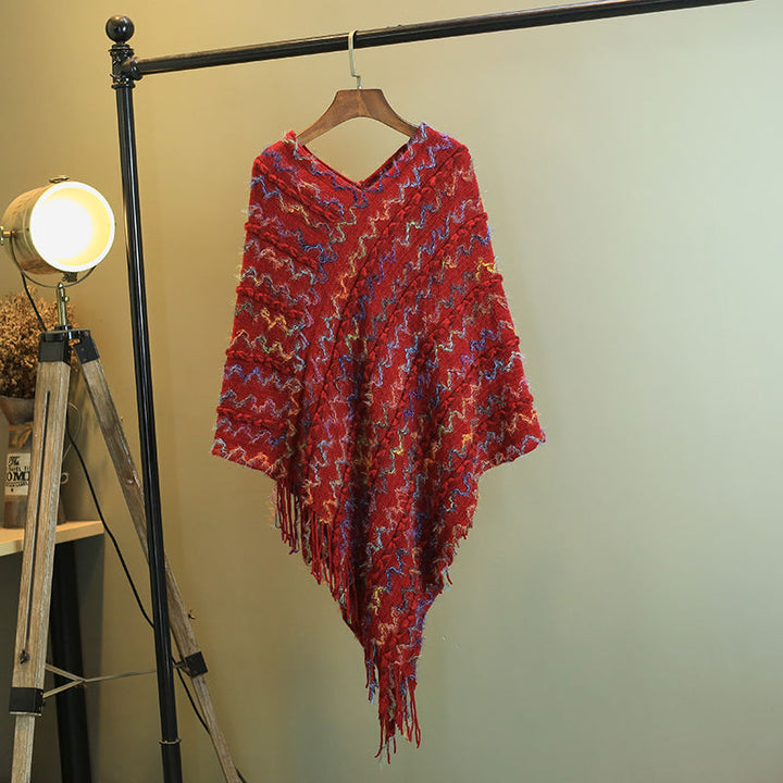 BWOOOH Tibetan Colorful Striped Shawl Tassels Pullover Wi