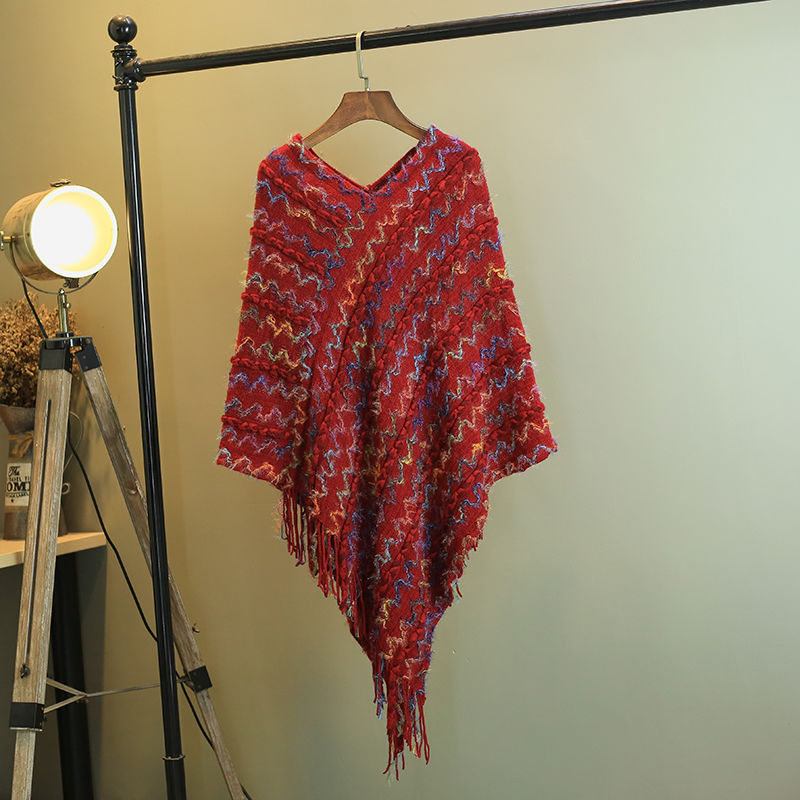 BWOOOH Tibetan Colorful Striped Shawl Tassels Pullover Wi