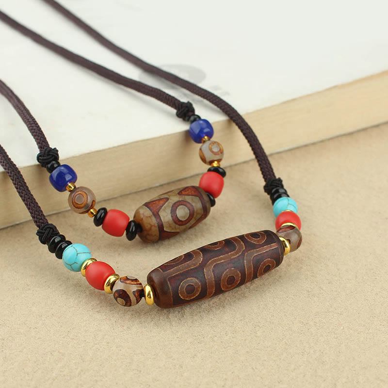 BWOOOH Tibetan Nine-Eye Dzi Bead Three-eyed Dzi Bead Protection String Necklaces Pendant