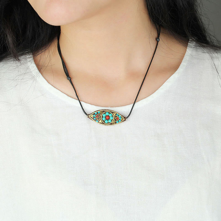 BWOOOH Tibet Turquoise Bead Marquise Pattern Protection Strength Necklace