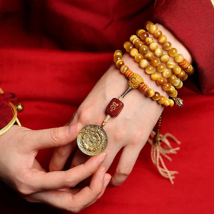 BWOOOH 108 Mala Beads Natural Tiger Eye Copper Dorje Protection Tassel Bracelet