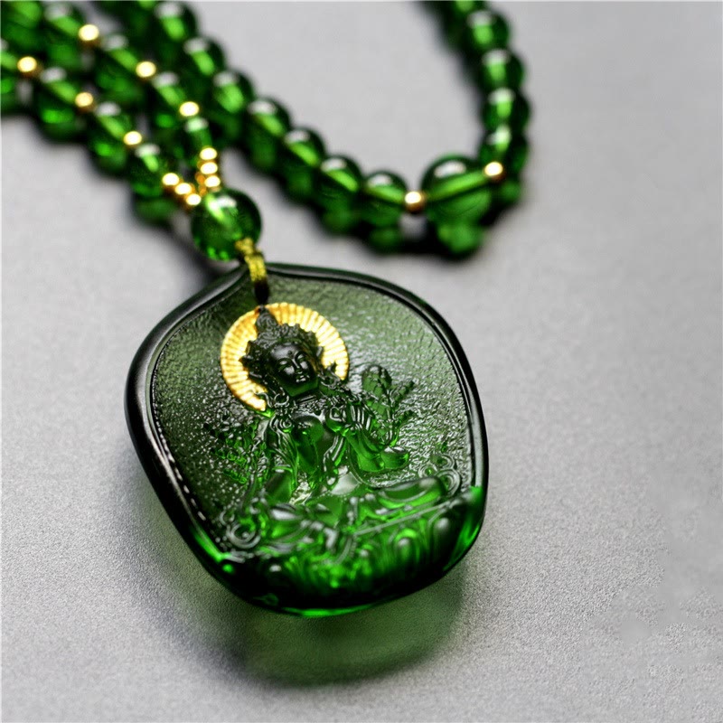 BWOOOH Tibetan Green Tara gold plated Liuli crystal protection necklace pendant — Buddhist amulet necklace for compassion and protection