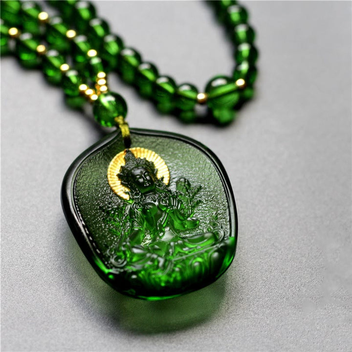 BWOOOH Tibetan Green Tara gold plated Liuli crystal protection necklace pendant — Buddhist amulet necklace for compassion and protection