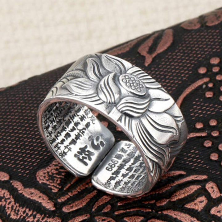 BWOOOH 999 Sterling Silver Lotus Symbol Heart Sutra Protection Ring