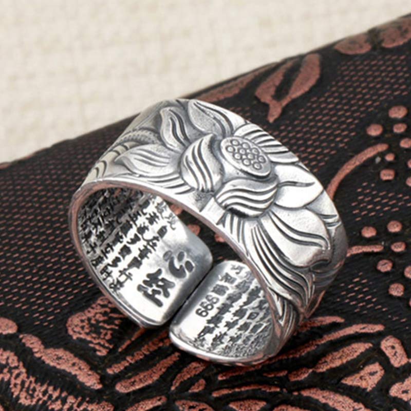BWOOOH 999 Sterling Silver Lotus Symbol Heart Sutra Protection Ring