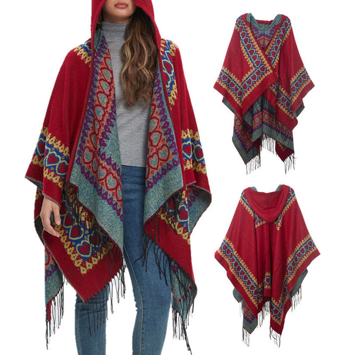 BWOOOH Tibetan Shawl Red Love Heart Tassel Hooded Cloak W
