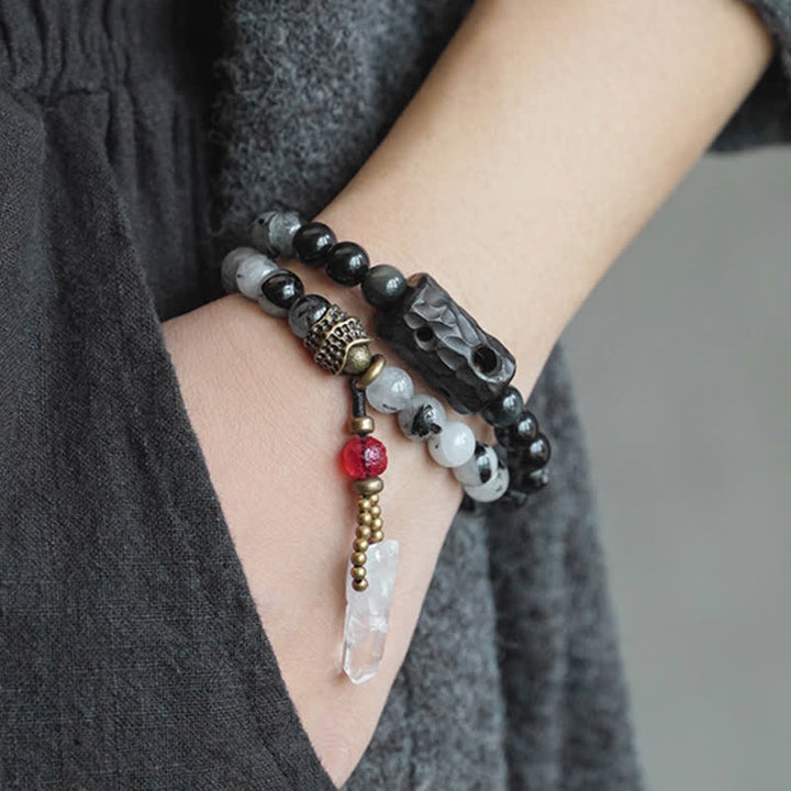 BWOOOH Black Rutilated Quartz Ebony Wood White Crystal Success Couple Bracelet
