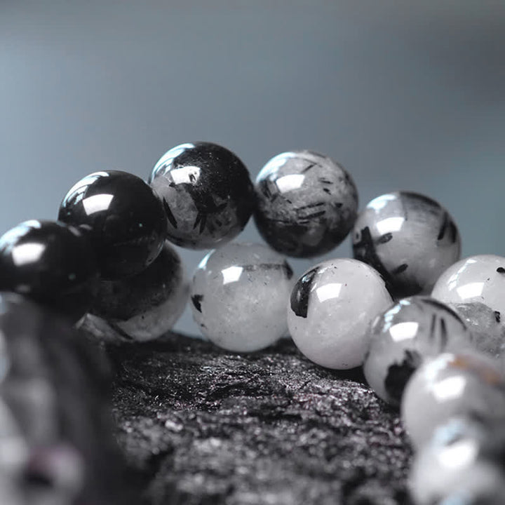BWOOOH Black Rutilated Quartz Ebony Wood White Crystal Success Couple Bracelet