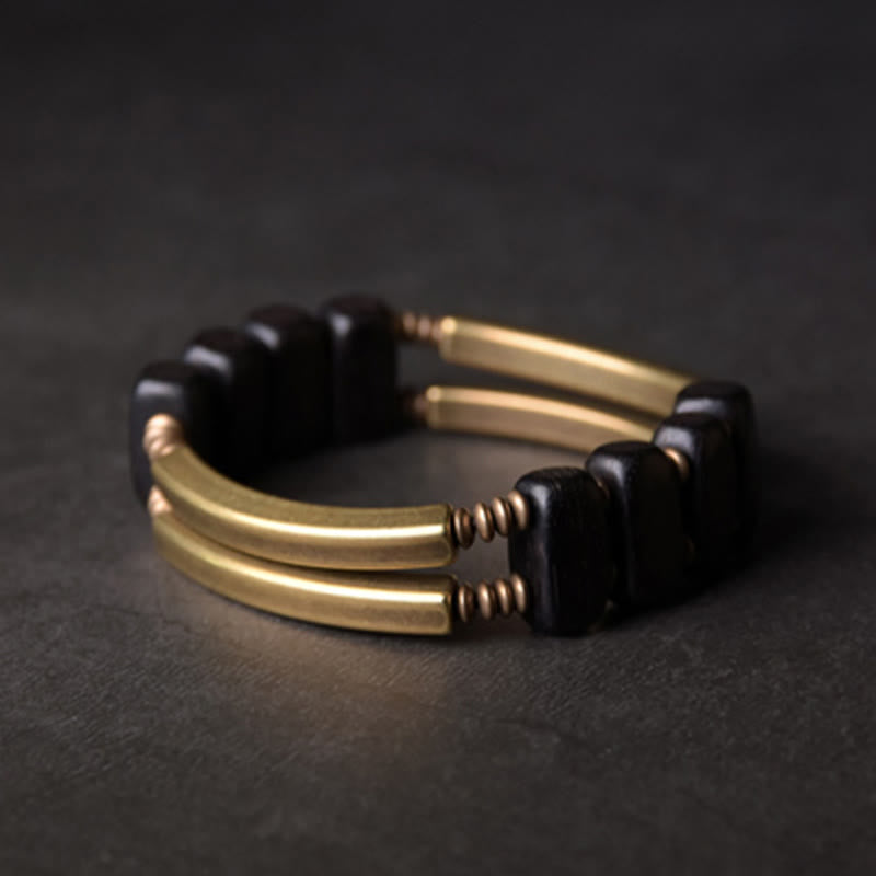 BWOOOH Tibetan Ebony Wood Brass Copper Balance Double Layer Bracelet