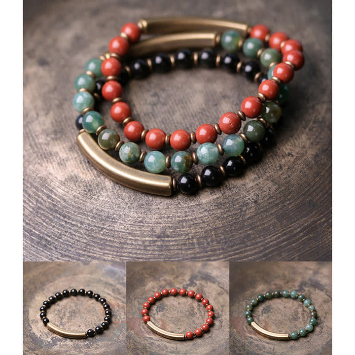 BWOOOH Red Jasper Moss Agate Black Obsidian Crystal Copper Peace Couple Bracelet