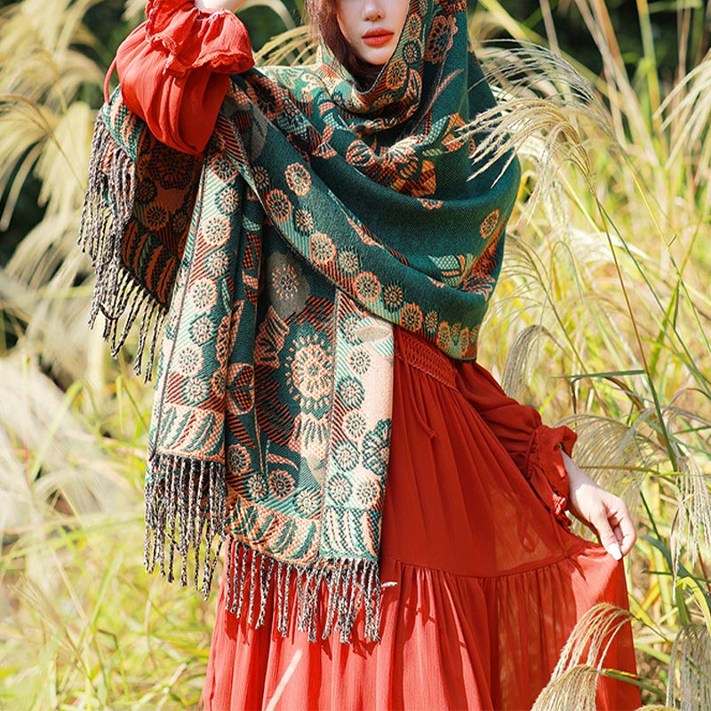BWOOOH Tibetan Flower Floral Leaves Pattern Design Shawl 