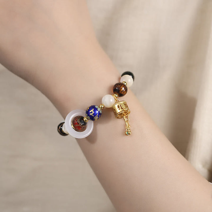 BWOOOH Tibetan Incense Ash Liuli Glass Tridacna Stone Sun Stone Om Mani Padme Hum Prayer Wheel Charm Bracelet