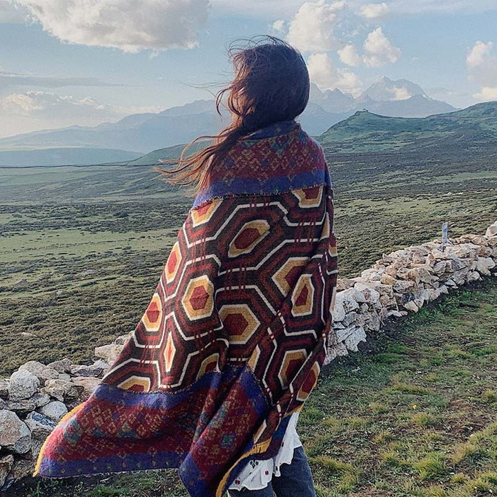 BWOOOH Tibetan Shawl Brown Blue Red Geometric Shapes Patt