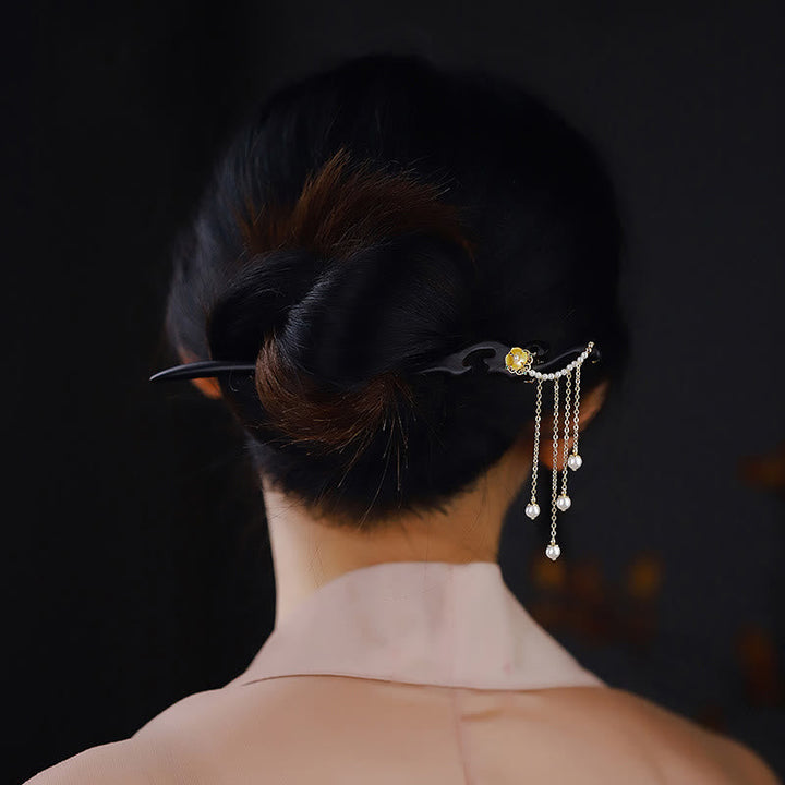 BWOOOH Ebony Wood Yellow Flower Pearl Tassels Hairpin