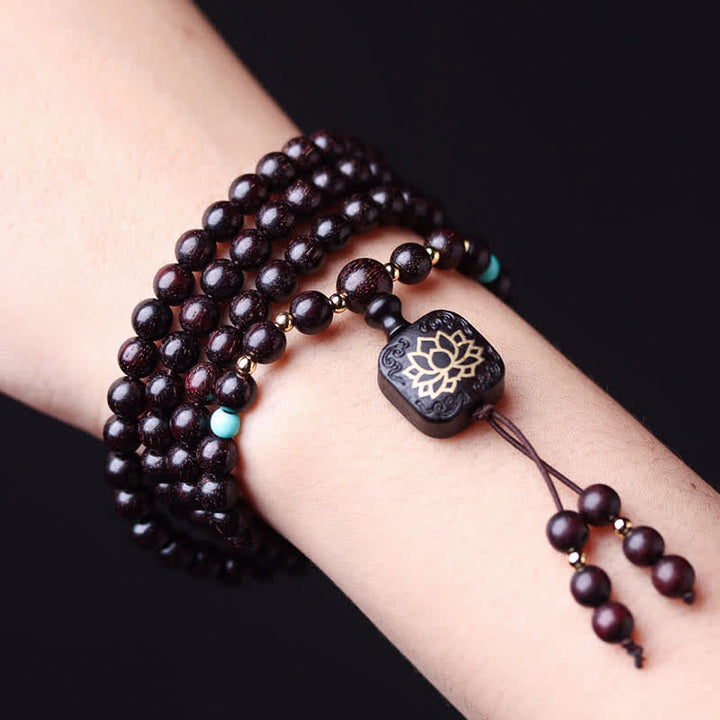 BWOOOH 108 Mala Beads Tibetan Small Leaf Red Sandalwood Lotus Balance Bracelet