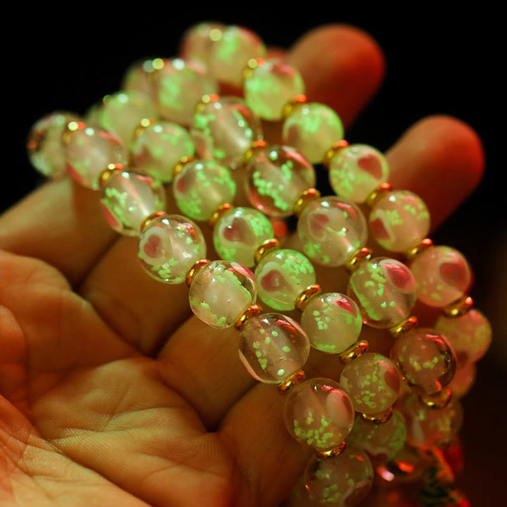 BWOOOH Gold Swallowing Beast Family Charm Luminous Pink Love Heart Fluorescent Liuli Glass Bead Blessings Bracelet