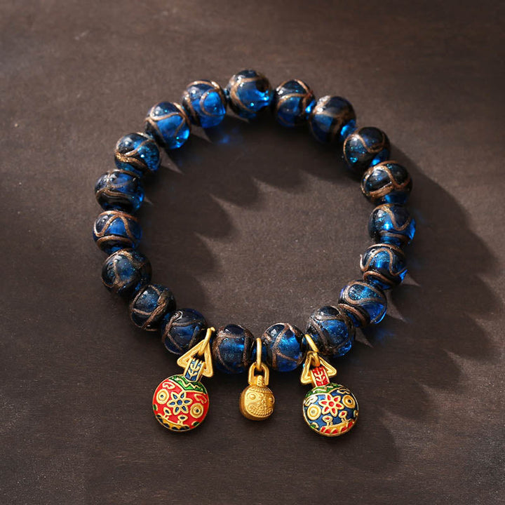 BWOOOH Gold Swallowing Beast Luck Charm Blue Liuli Glass Bead Fortune Bracelet