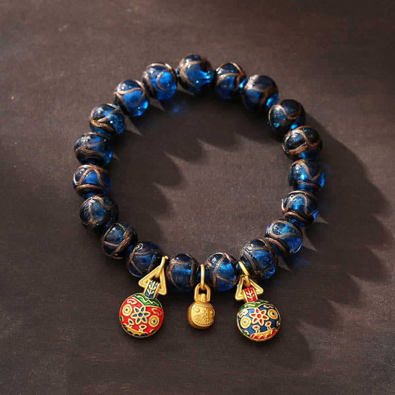 BWOOOH Gold Swallowing Beast Luck Charm Blue Liuli Glass Bead Fortune Bracelet