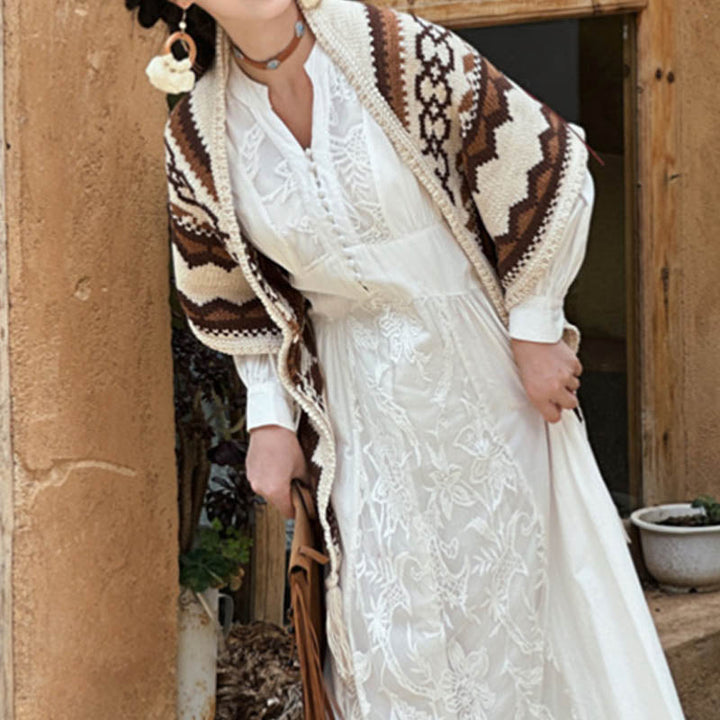 BWOOOH Tibetan Striped Brown Beige Tassel Shawl Winter Co