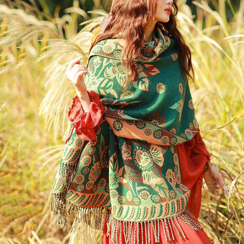 BWOOOH Tibetan Flower Floral Leaves Pattern Design Shawl 