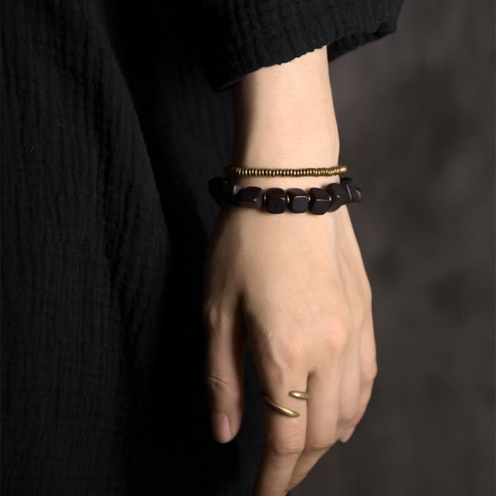 BWOOOH Tibetan Ebony Wood Copper Peace Double Wrap Bracelet