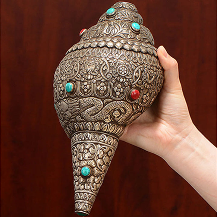 Buddha Stones Tibetan Handmade Natural Shankha Engraved Eight Auspicious Symbols Conch Shell Lucky Home Decoration