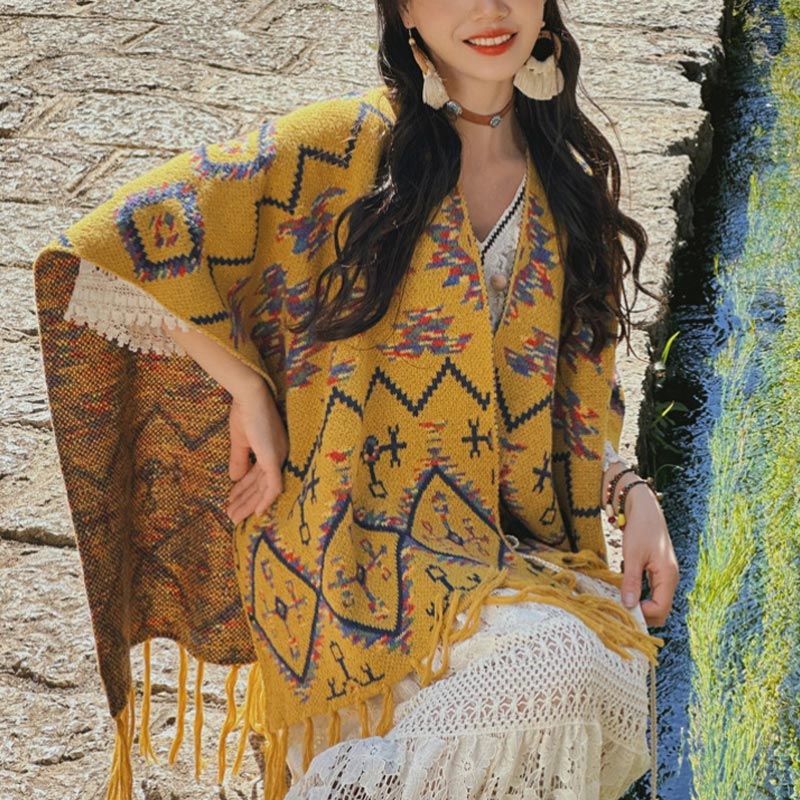 BWOOOH Tibetan Shawl Striped Geometry Pattern Winter Cozy