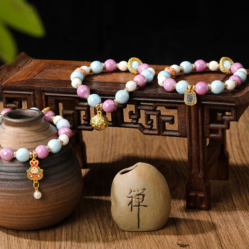 BWOOOH Tibetan Zakiram Goddess of Wealth Rabbit Lion Head Charm Liuli Glass Incense Ash Porcelain Bead Protection Bracelet