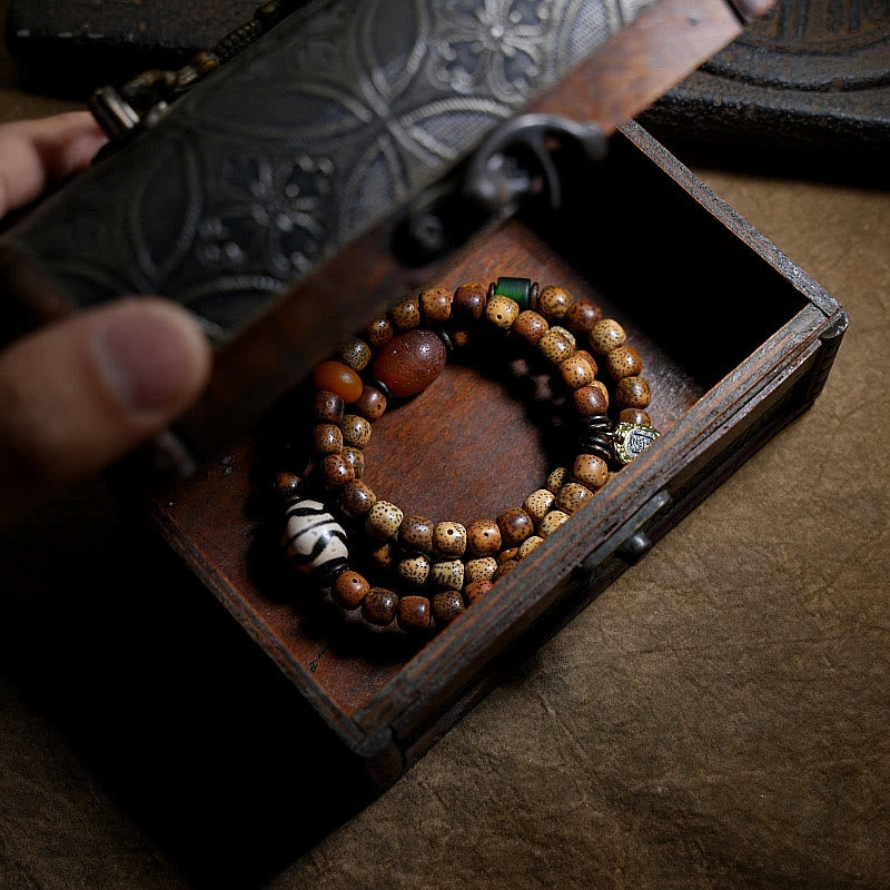 BWOOOH Tibetan Bodhi Seed Amber Dzi Bead Agate Zakiram Goddess of Wealth Beads Triple Wrap Bracelet