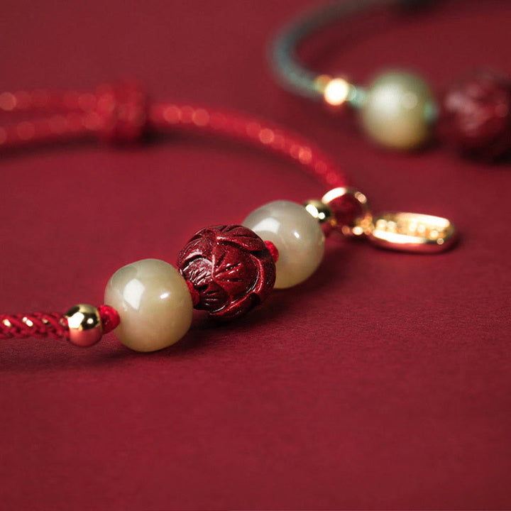 BWOOOH 14K Gold Plated Hetian Jade Cinnabar Lotus Luck Handcrafted Rope Bracelet  -  Gold Plated jade bracelet for spiritual...
