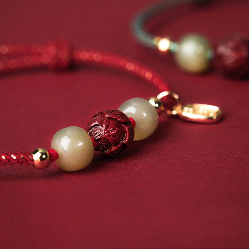 BWOOOH 14K Gold Plated Hetian Jade Cinnabar Lotus Luck Handcrafted Rope Bracelet  -  Gold Plated jade bracelet for spiritual...
