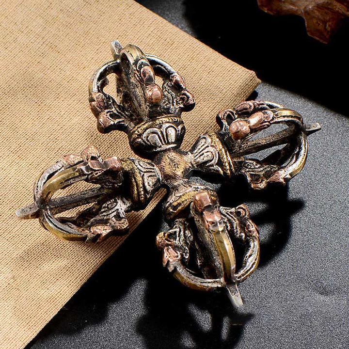 Buddha Stones Tibetan Handmade 5 Prong Double Dorje Copper Iron Thunderbolt Strength Vajra