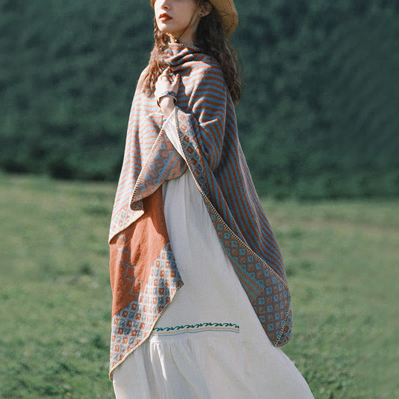 BWOOOH Tibetan Shawl Striped Diamond Pattern Winter Warm 