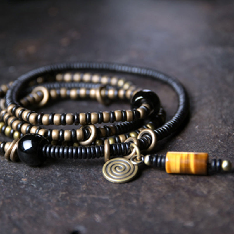 BWOOOH Ebony Wood Dzi Bead Copper Peace Couple Bracelet Necklace Pendant